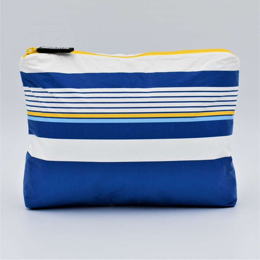 Small zip pouch in Lined Up pattern in blue, white and golden yellow.