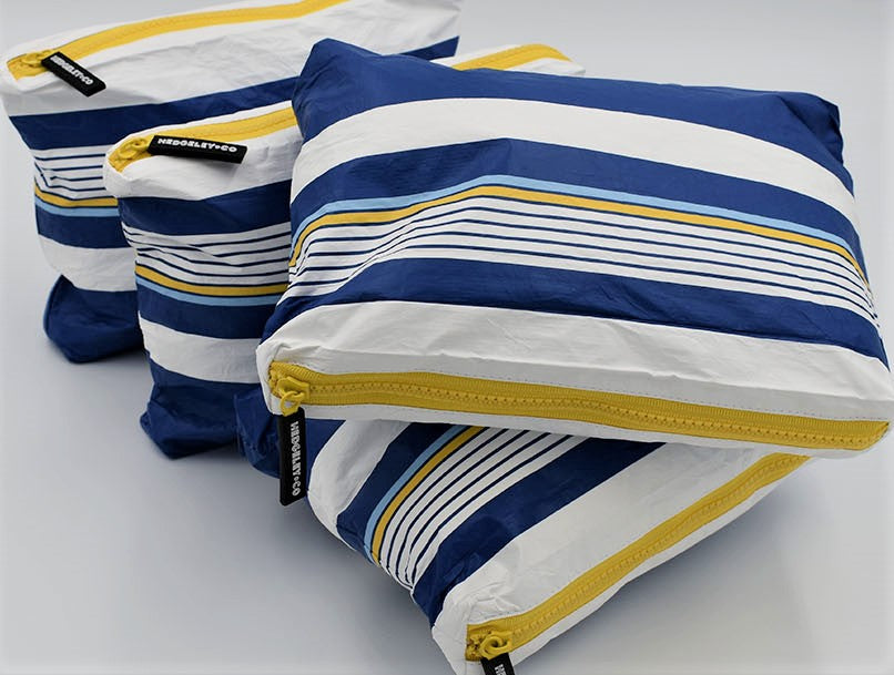 Small zip pouch in Lined Up pattern in blue, white and golden yellow.