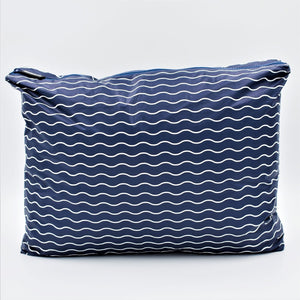 Large zip pouch in Waving pattern in navy blue and white.