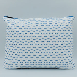 Large zip pouch in Waving pattern in summer blue and white.