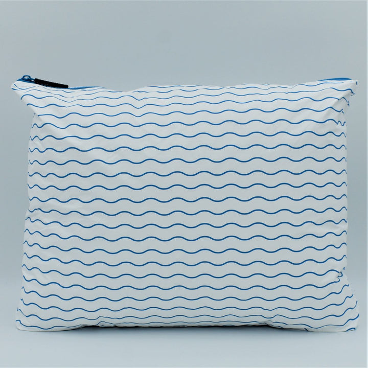 Large zip pouch in Waving pattern in summer blue and white.