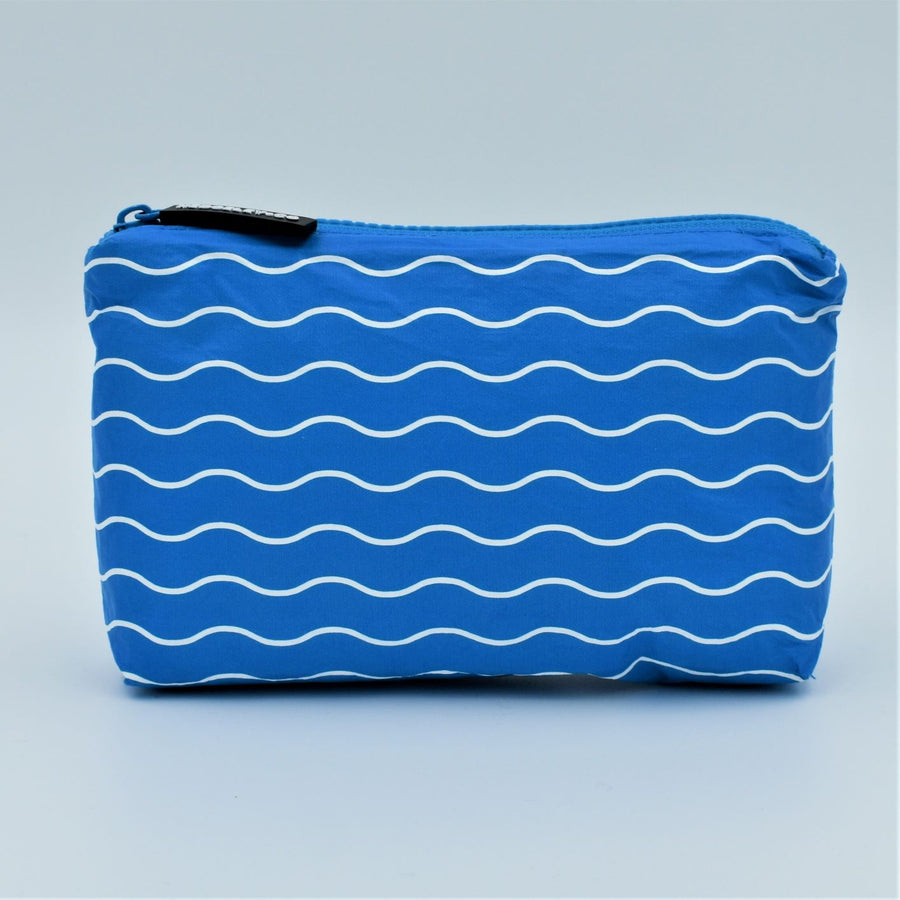 Mini zip pouch in Waving pattern in summer blue and white.