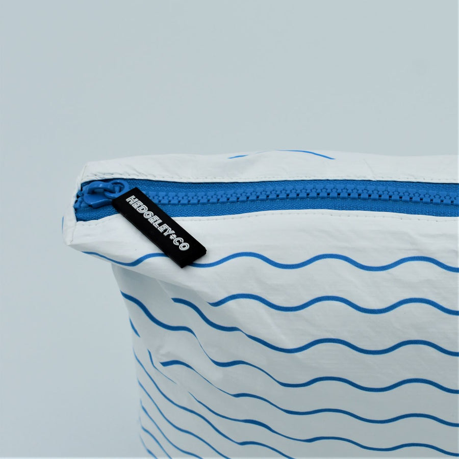 Zip detail of Small zip pouch in Waving pattern in summer blue and white.