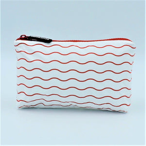 Mini zip pouch in Waving pattern in tomato red and white.