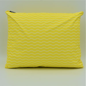 Large zip pouch in Waving pattern in yellow and white.