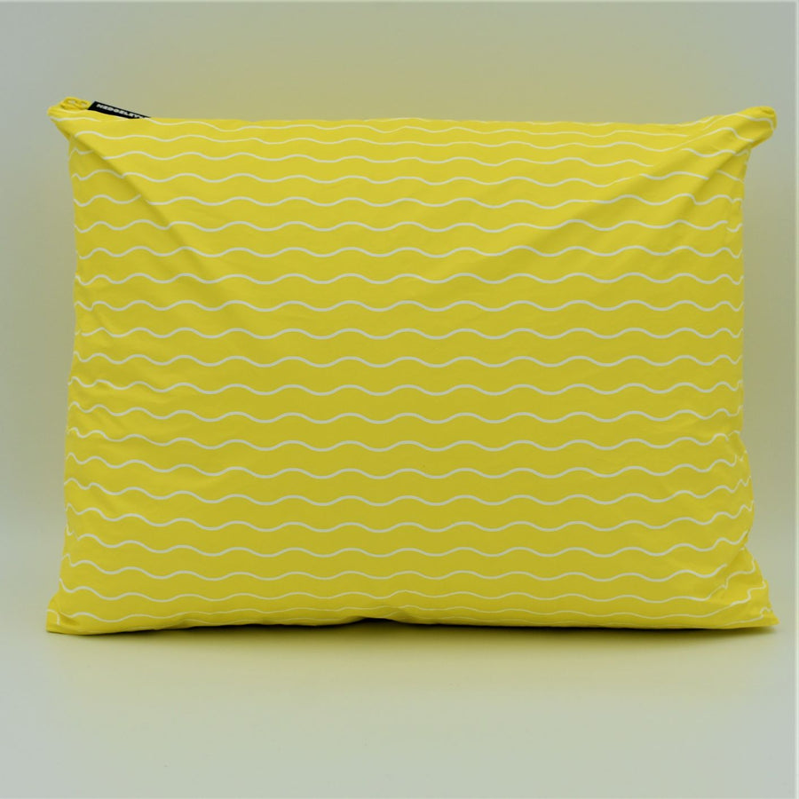 Large zip pouch in Waving pattern in yellow and white.